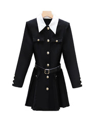 Belted Buttoned Contrast Color Pleated Single-Breasted Elasticated Waist Long Sleeves Lapel Shirt Dress Mini Dresses