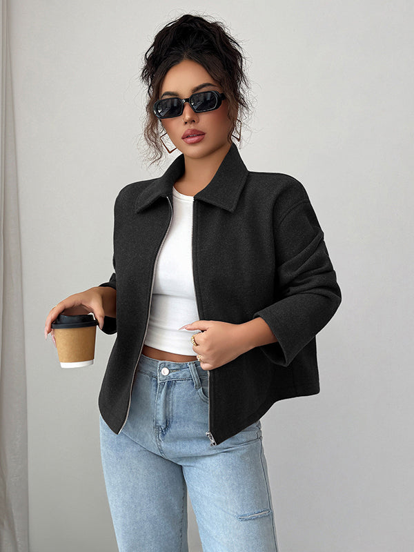 Solid Color Zipper Long Sleeves Loose Lapel Outerwear