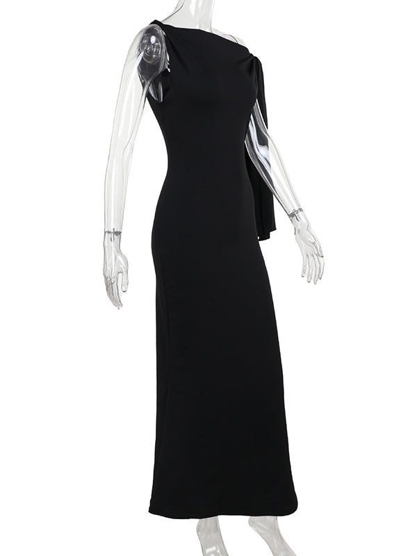 Asymmetric Solid Color Split-Joint Streamer Skinny Sleeveless One-shoulder Maxi Dresses Evening Dresses