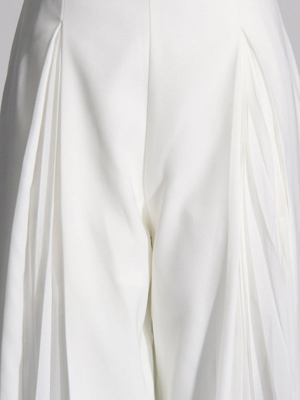 Round-Neck Long Sleeves Buttoned Solid Color Split-Joint Blazers Top +Zipper  Wide Leg Mesh Pleated Pants bottom Two Pieces Set