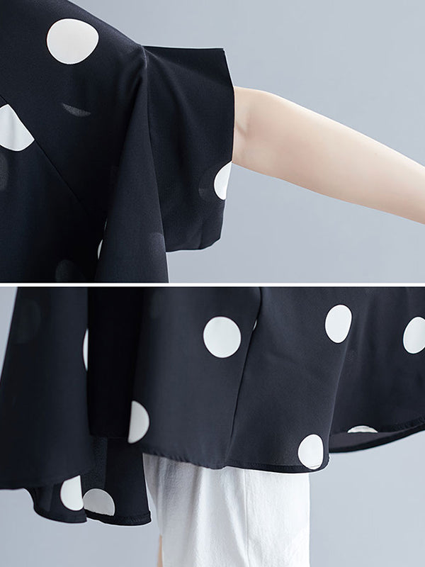 Polka-Dot Batwing Sleeves Loose Lapel Blouses&shirts Tops