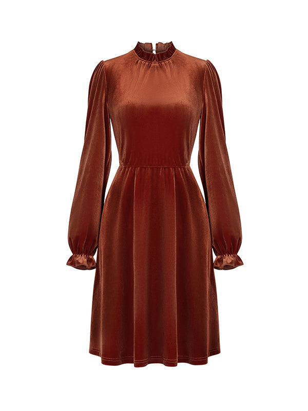 Hollow Ruffled Solid Color Velvet A-Line High Waisted Mock Neck Mini Dresses
