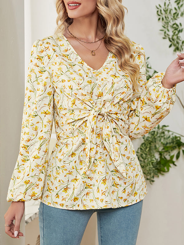 Flower Print Knot Long Sleeves Loose V-Neck Blouses&Shirts Tops