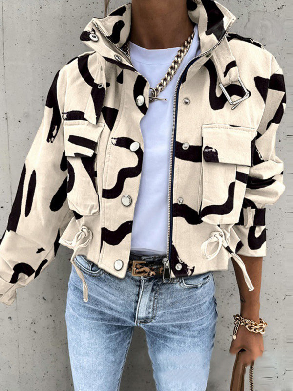 Buttoned Drawstring Pockets Printed Split-Joint Zipper Long Sleeves Loose Stand Collar Outerwear Jackets