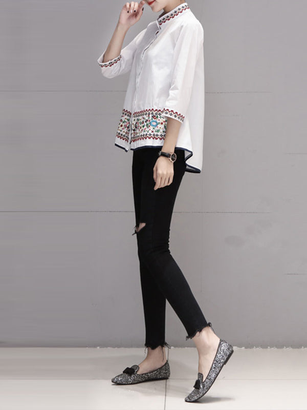 Buttoned Embroidered Loose Three-Quarter Sleeves Stand Collar Blouses&Shirts Tops