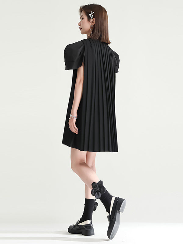 Urban Puff Sleeves Split-Joint Black Pleated Mini Dress