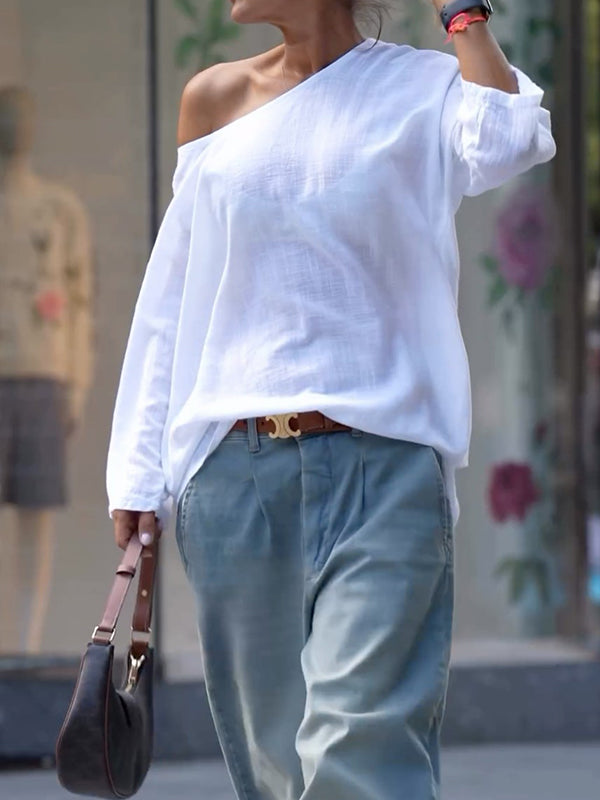 Solid Color Long Sleeves Loose One-Shoulder T-Shirts Tops