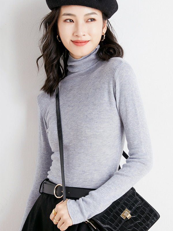 Simple Skinny Long Sleeves Solid Color High-Neck Sweater Tops Pullovers