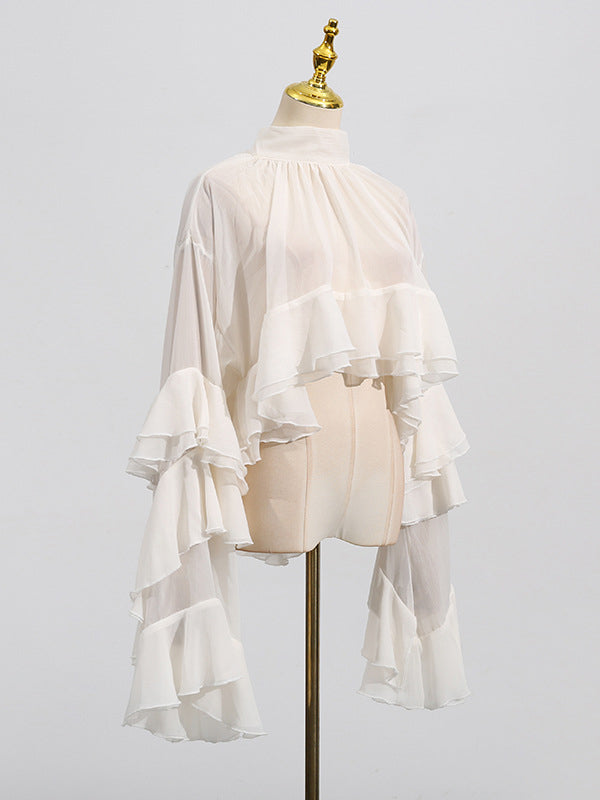 Pleated Ruffle Trim See-Through Solid Color Tied False Two Flared Sleeves Mock Neck Blouses&Shirts Tops