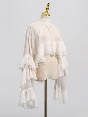 Pleated Ruffle Trim See-Through Solid Color Tied False Two Flared Sleeves Mock Neck Blouses&Shirts Tops