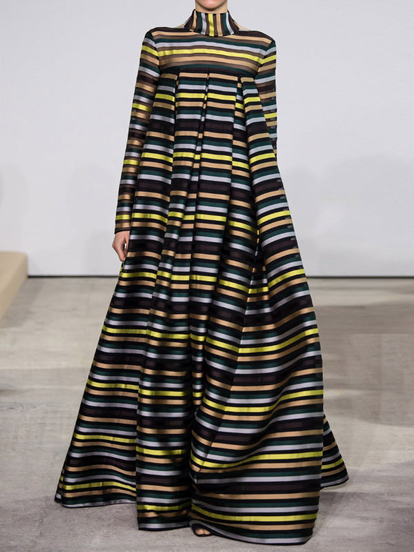 Long Sleeves Loose Multi-Colored Pleated Striped High Neck Maxi Dresses