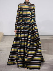 Long Sleeves Loose Multi-Colored Pleated Striped High Neck Maxi Dresses
