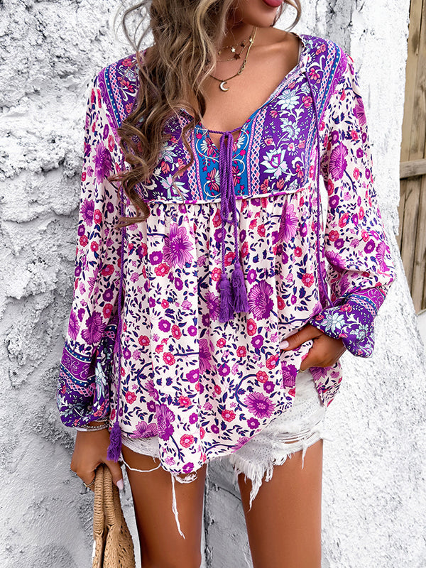 Contrast Color Elasticity Pleated Split-Joint Tied Long Sleeves Loose V-neck Blouses&shirts Tops