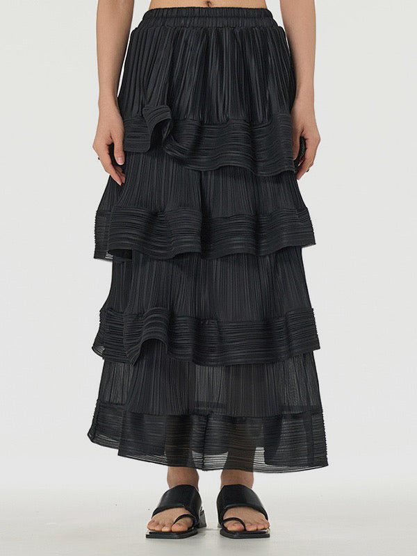 Elasticity Layered Pleated Ruffled Solid Color Loose Skirts Bottoms