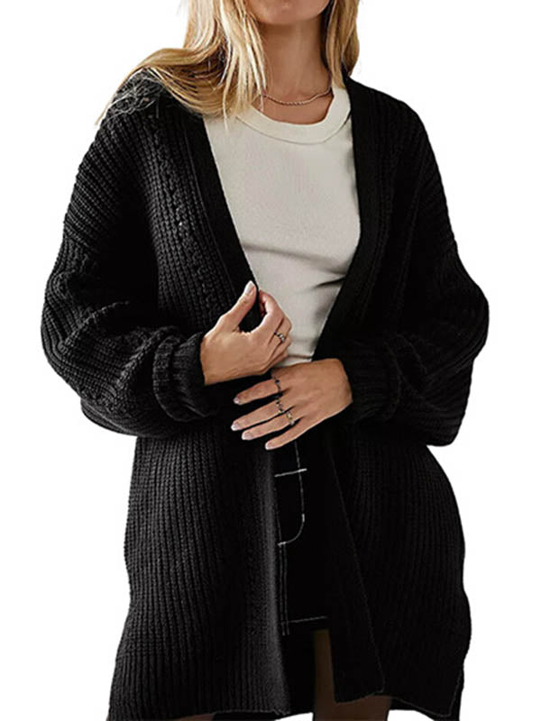 Hollow Solid Color High-low Long Sleeves Collarless Cardigan Tops