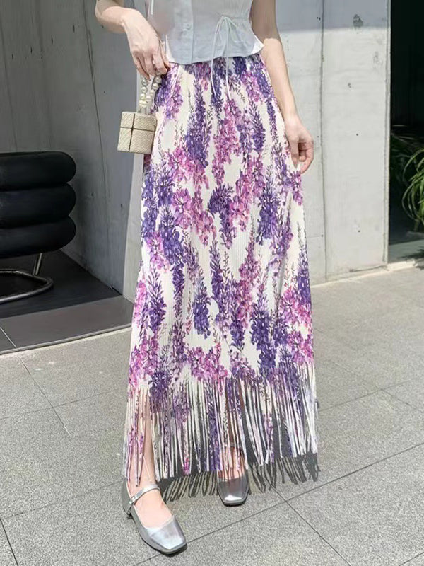 Pleated Printed Split-Joint Tasseled High Waisted H-Line Skirts