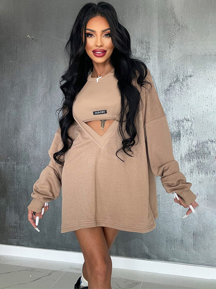 Loose Solid Color Round-neck Mini Dresses & Vest Top Two Pieces Set