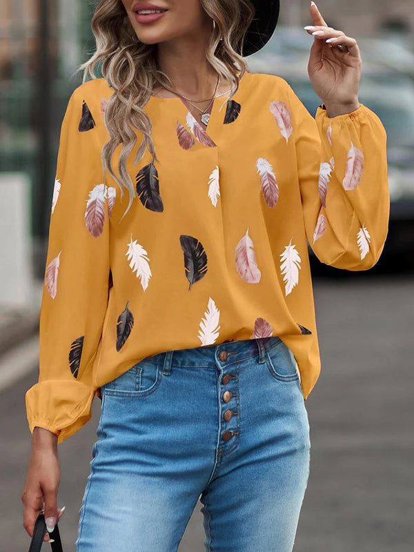 Printed Long Sleeves Loose V-Neck Blouses&Shirts Tops