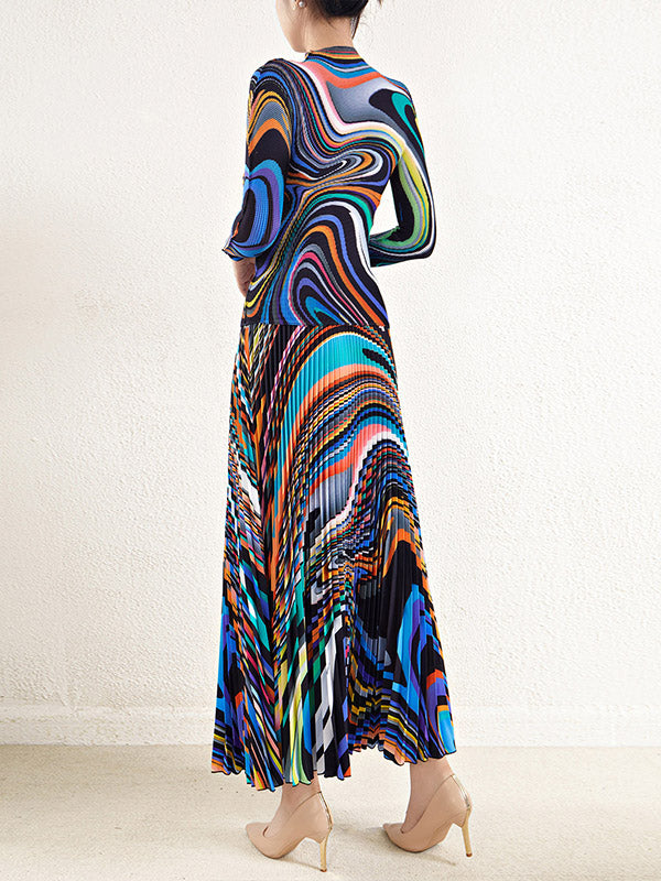 Pleated Long Sleeves Contrast Color Mock Neck T-Shirt Top + Printed A-Line Skirts Bottom Two Pieces Set