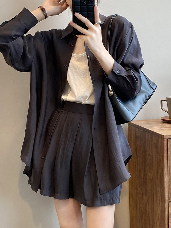 Loose Solid Color Long Sleeves Blouse + Pleated Shorts Two Pieces Set