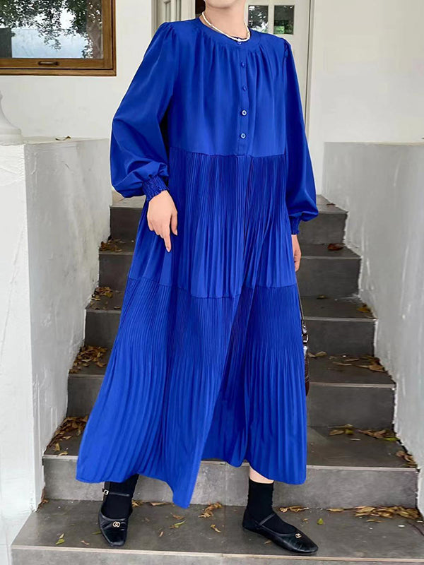 Buttoned Pleated Solid Color Split-Joint A-Line Long Sleeves Round-Neck Midi Dresses