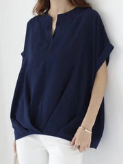 Pleated Solid Color Loose Plus Size V-neck T-Shirts Tops