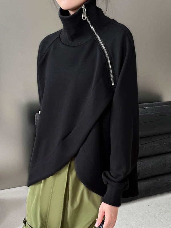 Asymmetric Split-Joint Zipper Long Sleeves Loose High Neck Sweatshirt Tops