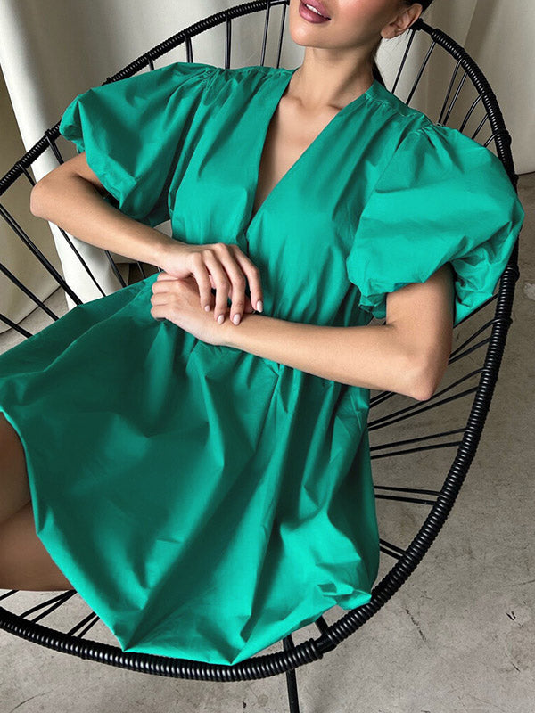 Solid Color Loose Puff Sleeves V-Neck Mini Dresses