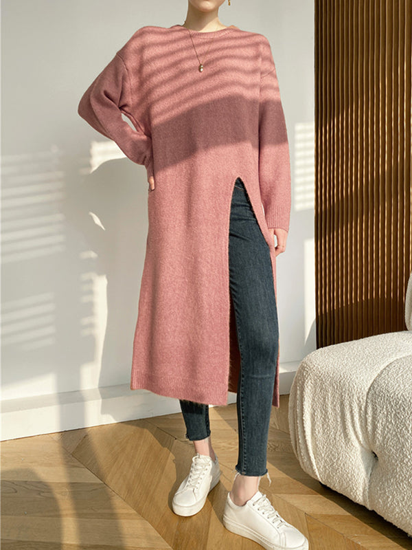 Loose Split-Side Solid Color Round-Neck Knitting Sweater Dresses