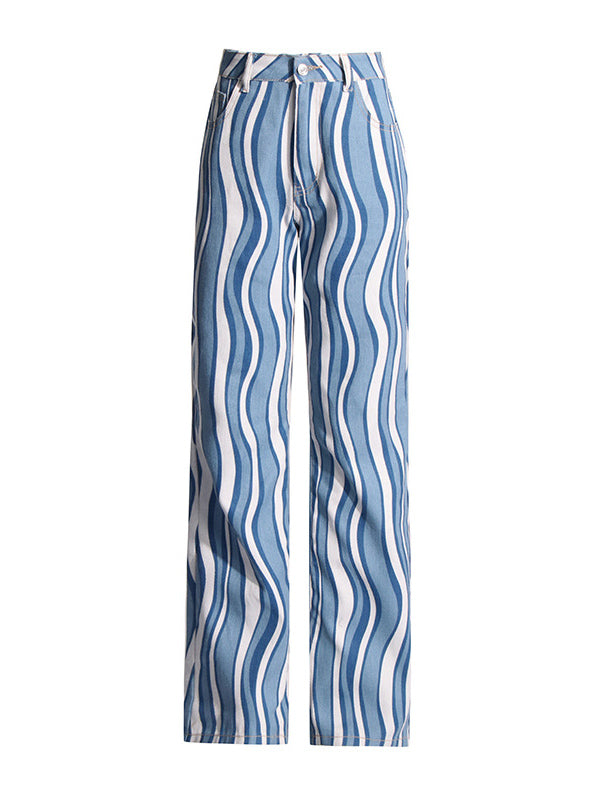 Split-Joint Striped Patterns High Waisted Loose Jean Pants Bottoms