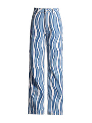 Split-Joint Striped Patterns High Waisted Loose Jean Pants Bottoms