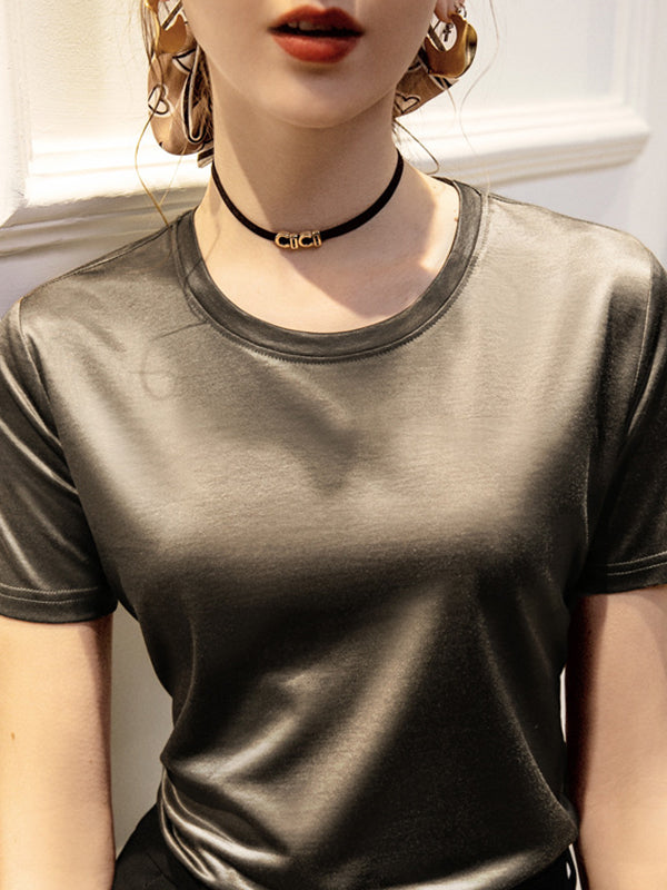 Shiny Solid Color Loose Short Sleeves Round-Neck T-Shirts Tops