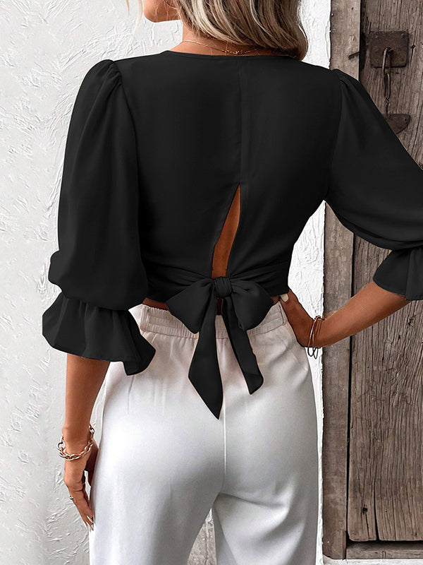 Elasticity Hollow Ruffled Solid Color Tied Half Sleeves Loose V-Neck Blouses&Shirts Tops