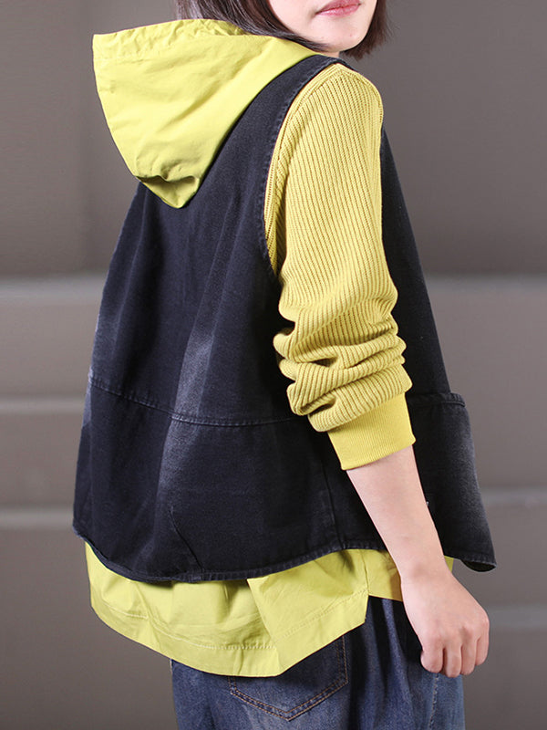 Drawstring Split-front Split-Joint Hooded Long Sleeves Hoodies Tops