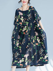 Flower Print A-Line Loose Round-Neck Midi Dresses