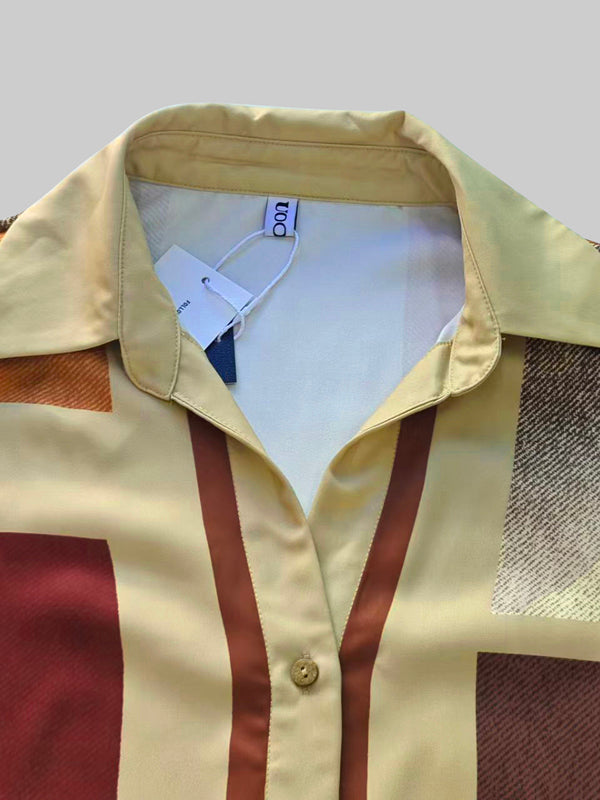 Long Sleeves Loose Buttoned Contrast Color Plaid Lapel Blouses&Shirts Tops