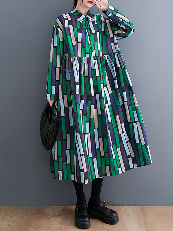 Casual Loose Long Sleeves Buttoned Contrast Color Printed Split-Joint Lapel Collar Midi Dresses