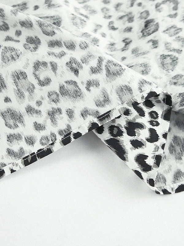 Leopard Printed Split-Joint Loose Puff Sleeves Peter Pan Collar Blouses&Shirts Tops