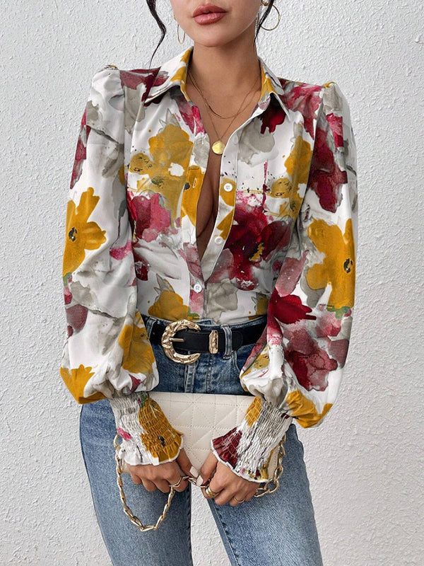 Buttoned Elasticity Flower Print Pleated Long Sleeves Loose Lapel Blouses&Shirts Tops