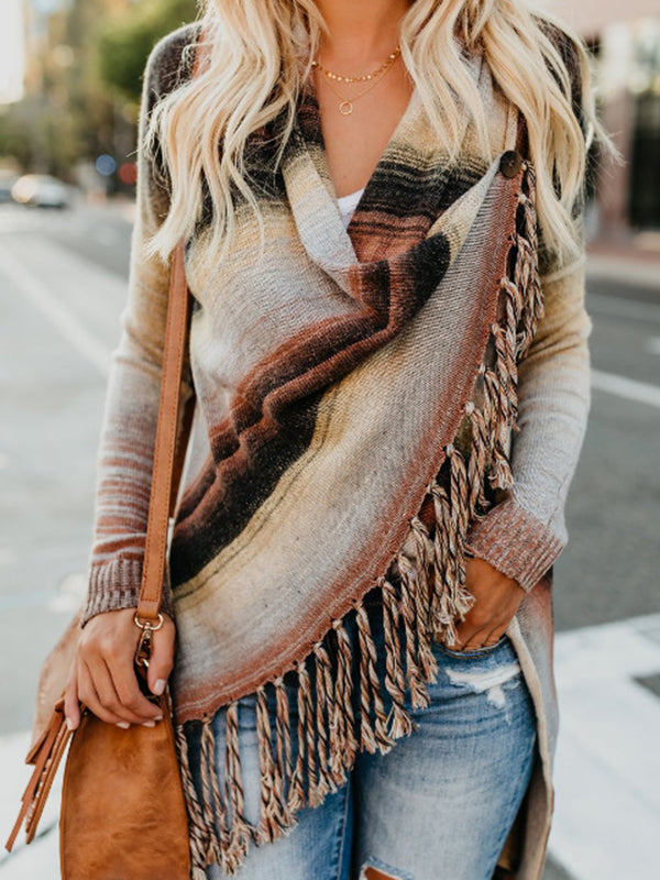 Buttoned Striped Tasseled Long Sleeves Loose Heaps Collar Cardigan Tops