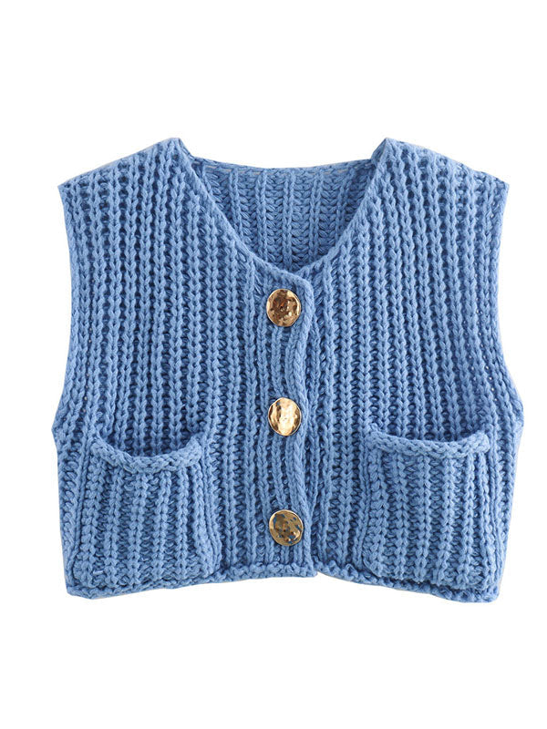 Buttoned Pockets Loose Sleeveless V-Neck Vest Outerwear