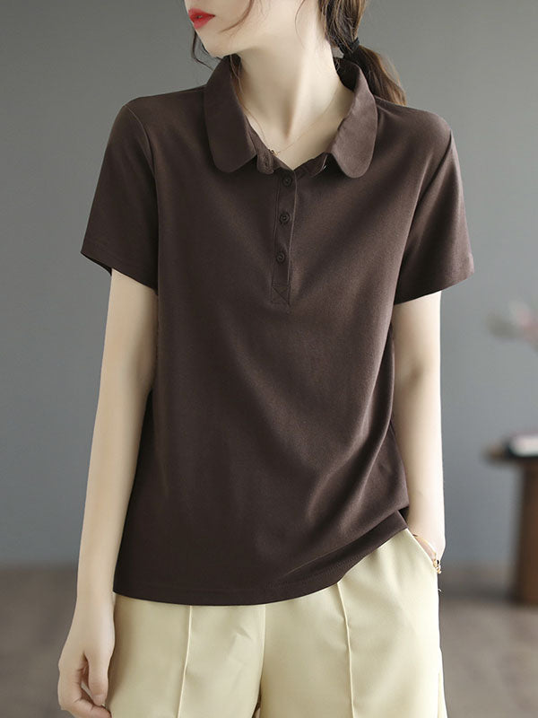 Buttoned Solid Color Short Sleeves Polo T-Shirts Tops