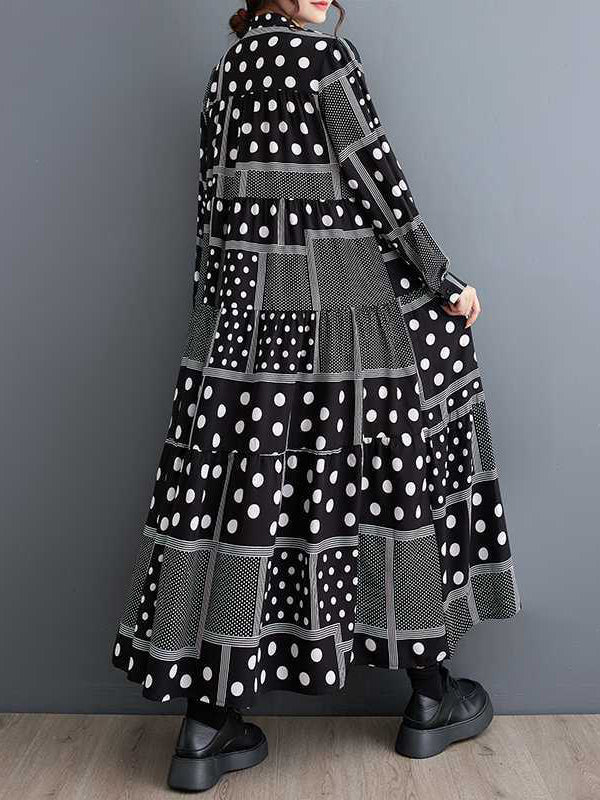 Buttoned Polka-Dot Printed Split-Joint Long Sleeves Loose Midi Dresses
