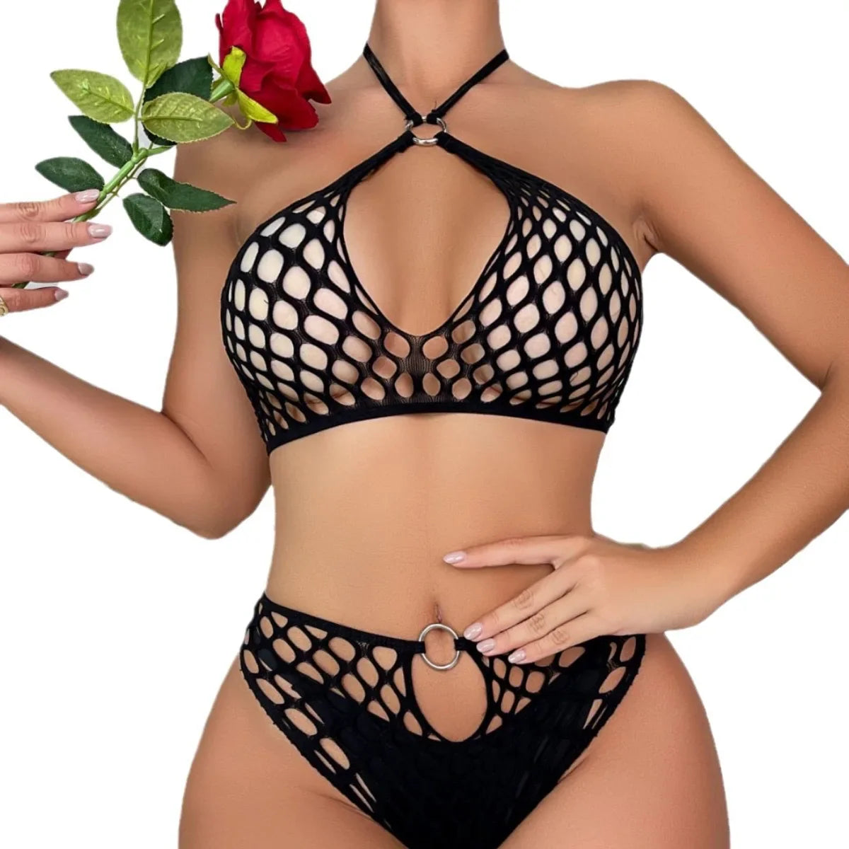 2pcs Europe America Lingerie Sheer Mesh Teddy Fishnet Hollow Out Body Suits Mesh Underwear Hollow Out Erotic Sets