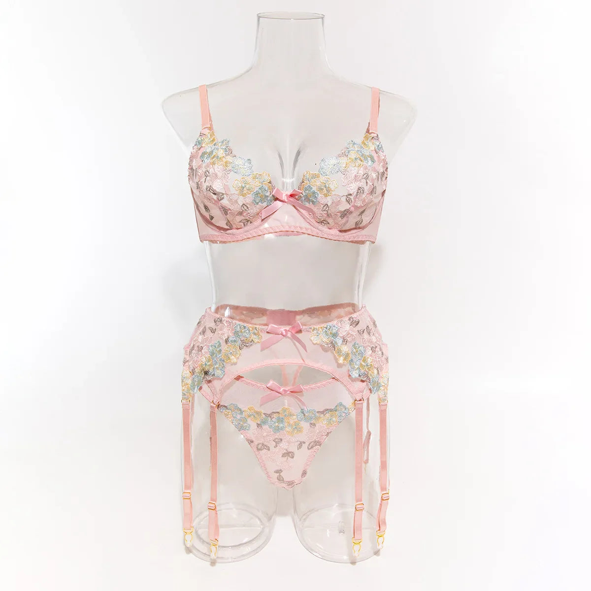 3 Piece Set Embroidered Flower See Through