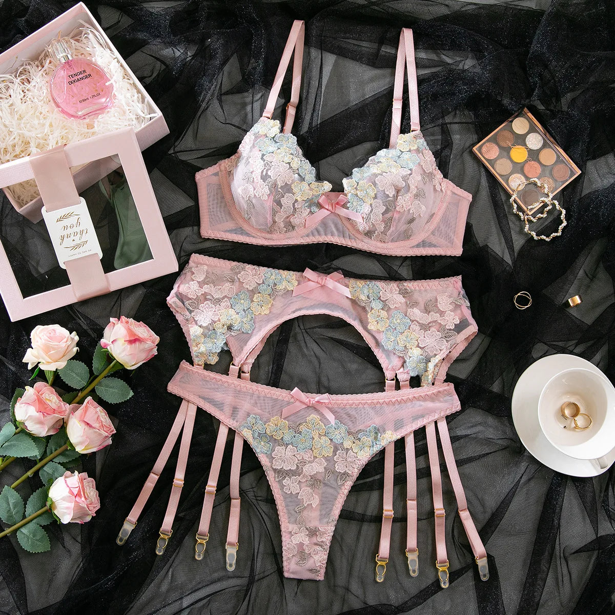 3 Piece Set Embroidered Flower See Through