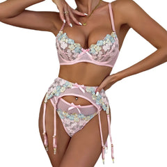3 Piece Set Embroidered Flower See Through