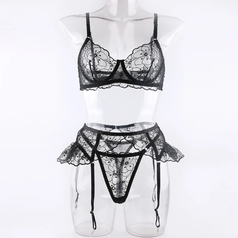 3 Piece Set Embroidered Ruffle Underwire See Through