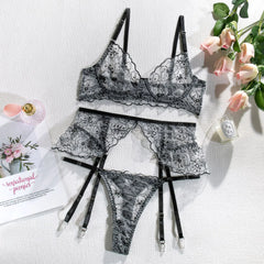 3 Piece Set Embroidered Ruffle Underwire See Through