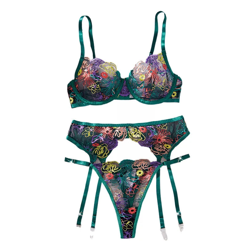 3 Piece Set Erotic Western Style Colorful Embroidery Featuring Sensual Mesh Patchwork Alluring Exquisite Lingerie Set